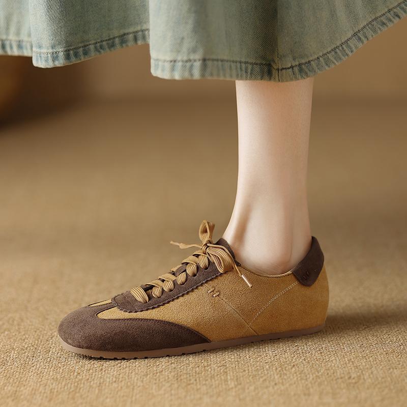 Fashion 2025 New Suede Leather Loafers Woman Round Toe Lace Up Casual Flats Shoes Outdoors Walk Fashion Shoes Flats Shoes for Women
