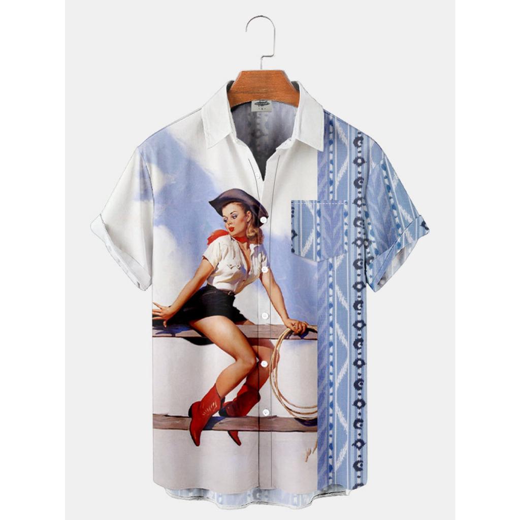 Hawaiian Cowboy Women Men Shirts Cool 3D Digital Printing Western American Fashion Tops Retro Style Summer Short Sleeve
