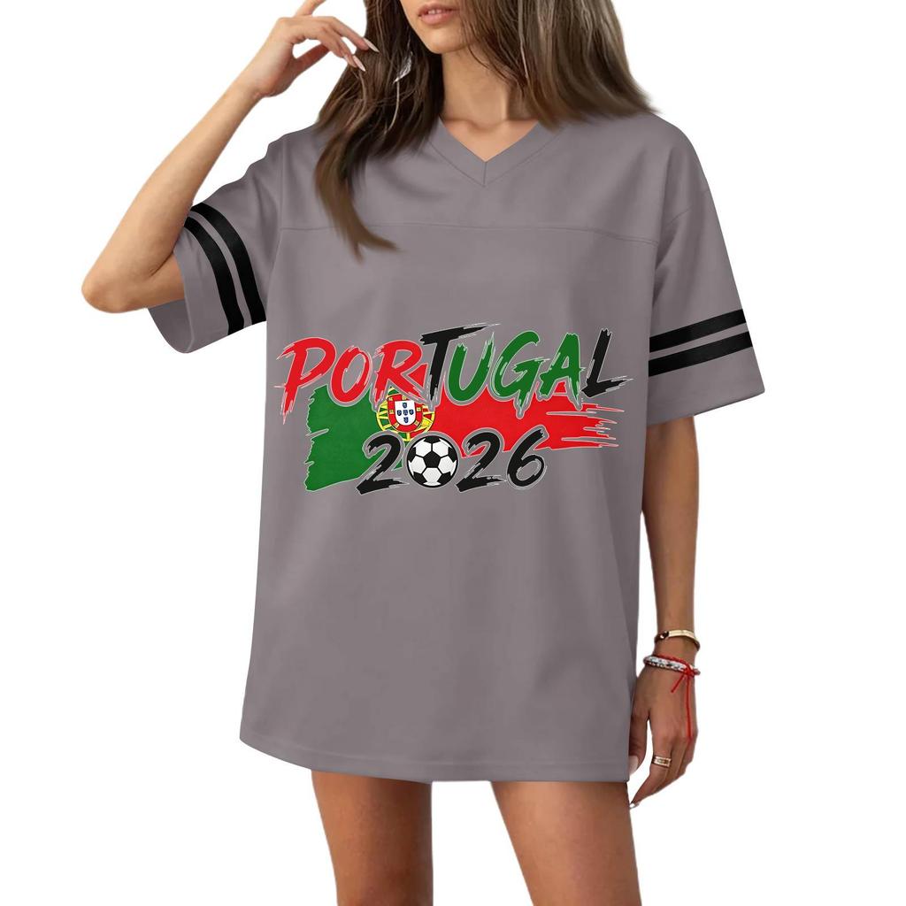 Damen Freizeit V-Ausschnitt Fußballtrikot-Stil Kurzarm T-Shirt mit Flaggen- und Fußball-Print für Sport und Freizeit