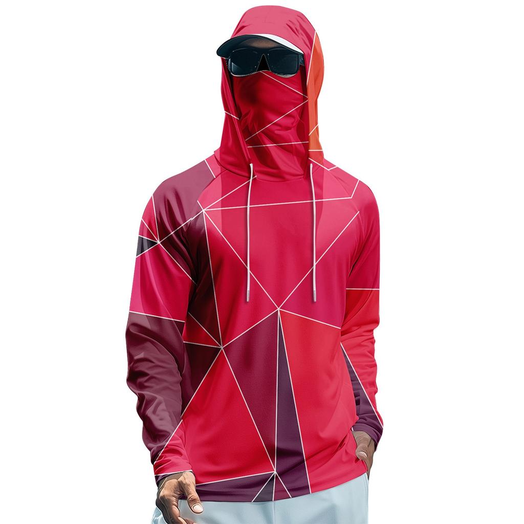Men's Summer Gradient Color Geometry Quick-drying Long-sleeved T-shirt Sun Clothing Fishing Fitness Sports Hooded Long-sleeved Top