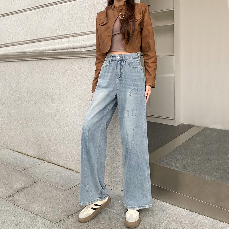 

2024 Осень Женские Стройнящие Ретро Джинсы Широкие Штанины - Свободные, Драпирующиеся, Длинные Прямые Штаны M синий