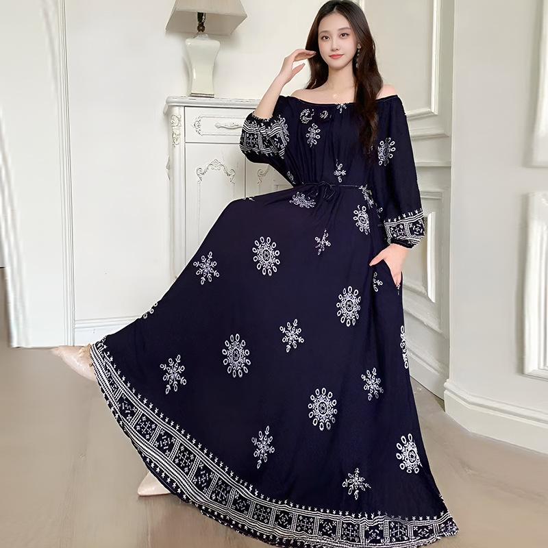 Fattened extra large size floral long-sleeved dress 100kg fat girl long dress one-word shoulder loose maternity dress