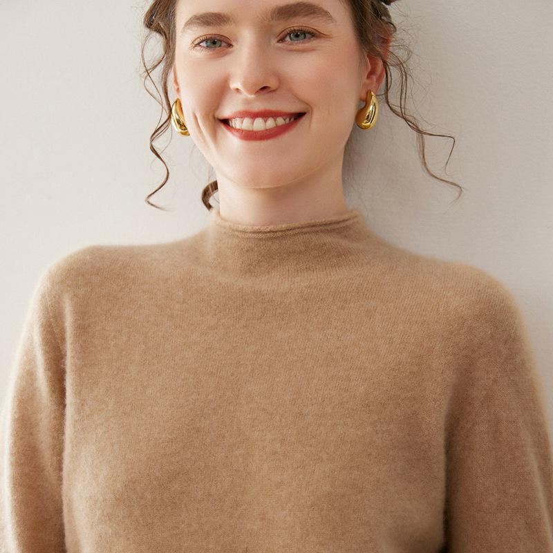 Women's Cashmere Half-High Neck Pullover Sweater - Solid Color, Loose Fit, Autumn/Winter Casual Knit Top