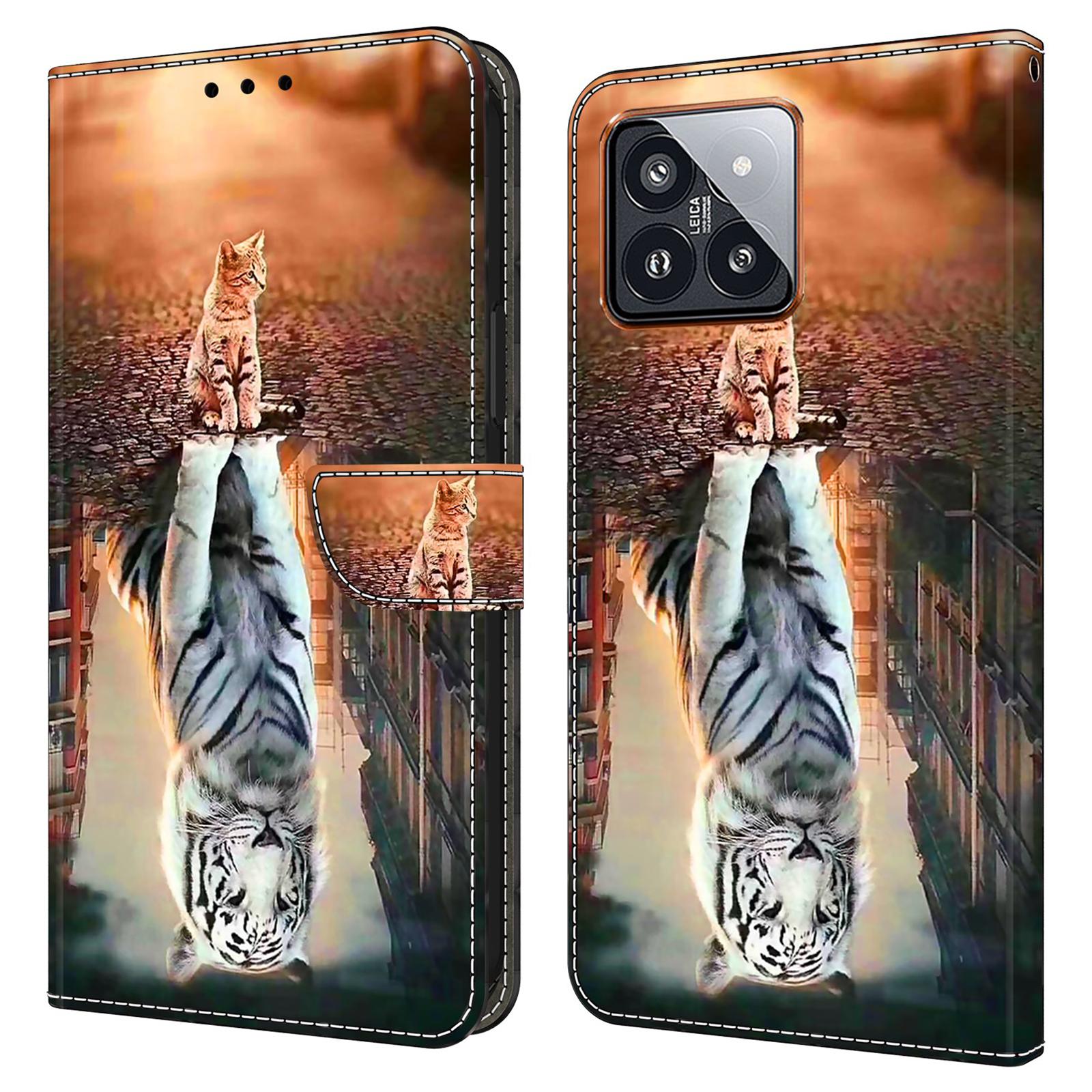 

For Xiaomi 14 Pro Leather Phone Case Wallet 3D Pattern Design Cover Cat and Tiger