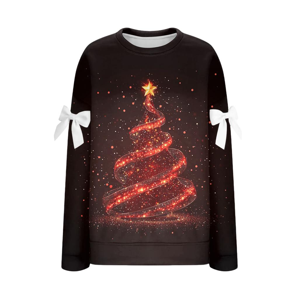 Ladies' Christmas Printed Bow Round Neck Long Sleeved Loose Pullover Sweater Sweatshirt Top