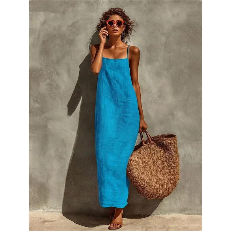 Women Linen Cotton Slip Maxi Dress Sleeveless Spaghetti Strap Straight Long Dress Summer Casual Beach Vacation Sundress