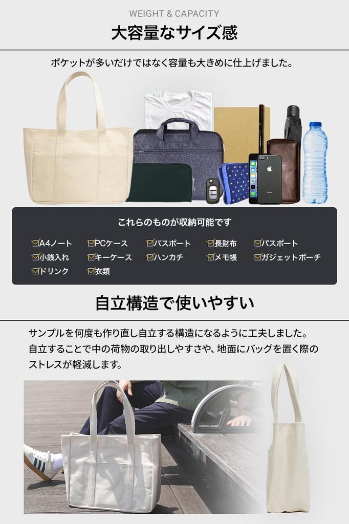 Evoon Tote Solid Canvas Multiple Large and Bag, Cotton, Pockets, Capacity, Men's Women's (M, White)