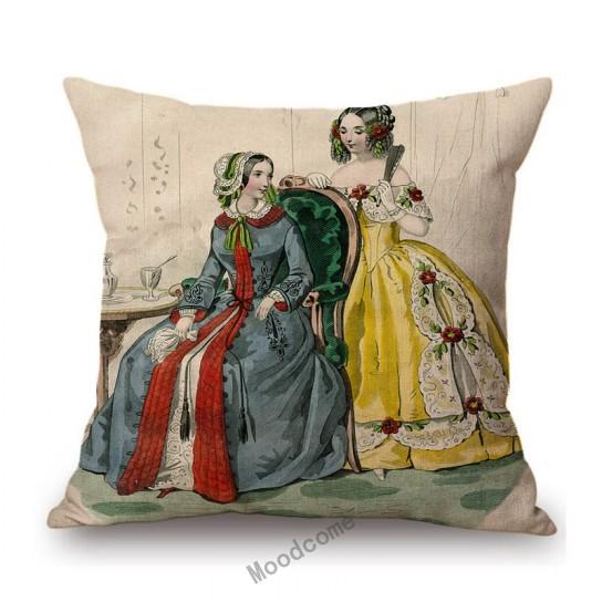 Antique Fashion Book Ettiquette Lady Dress European Costume Elegant Wear Cotton Linen Sofa Throw Pillow Case Chair Cushion Cover