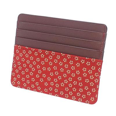 Indenya Slim Card Case, Thin, Deerskin Leather, Red with White Lacquer, Small Cherry Blossom Pattern, 2530-13-002