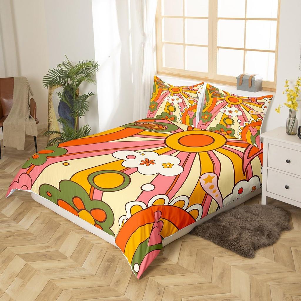 Erosebridal 60S 70S Hippie Duvet Cover Twin Vintage Boho Sun Bedding Set Groovy Flowers Clouds Love Hearts Comforter Cover for Kids Girls Te