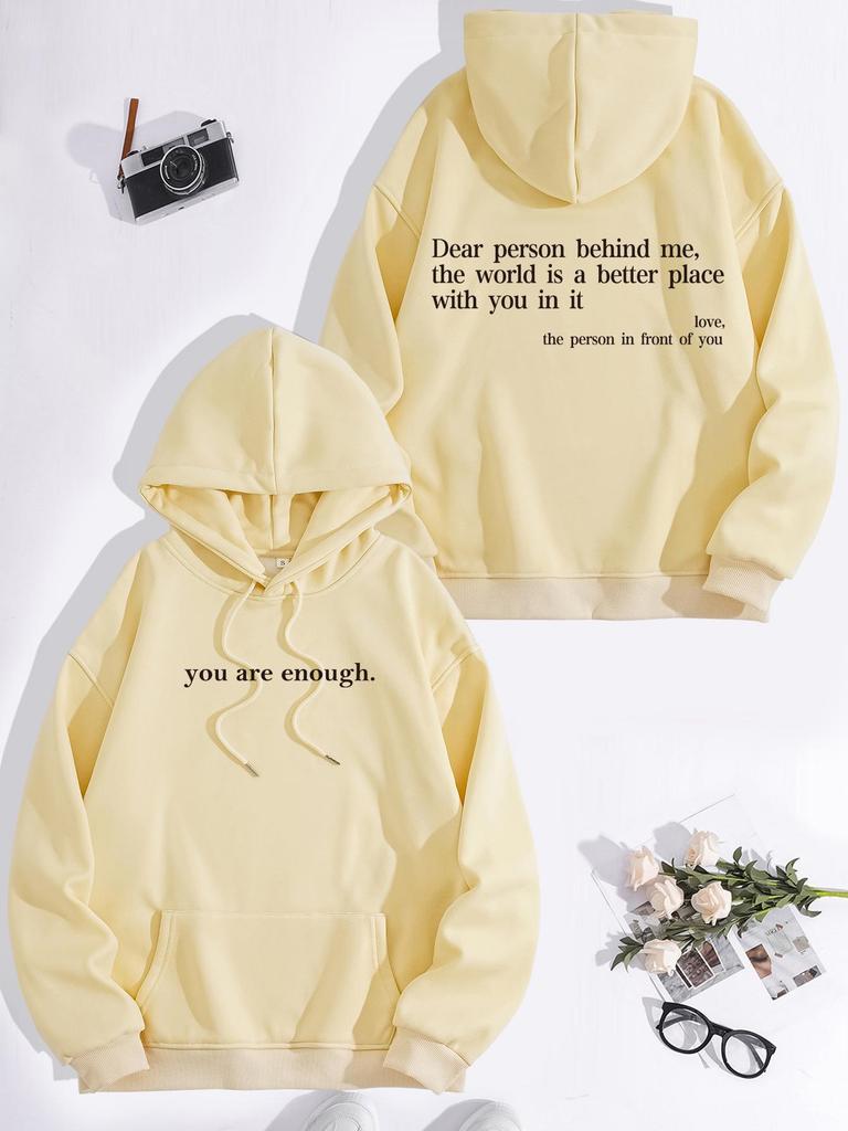 European Size Kangaroo Pocket 'You Are Enough' Hoodie - Autumn/Winter Long Sleeve Plus Velvet Sweatshirt