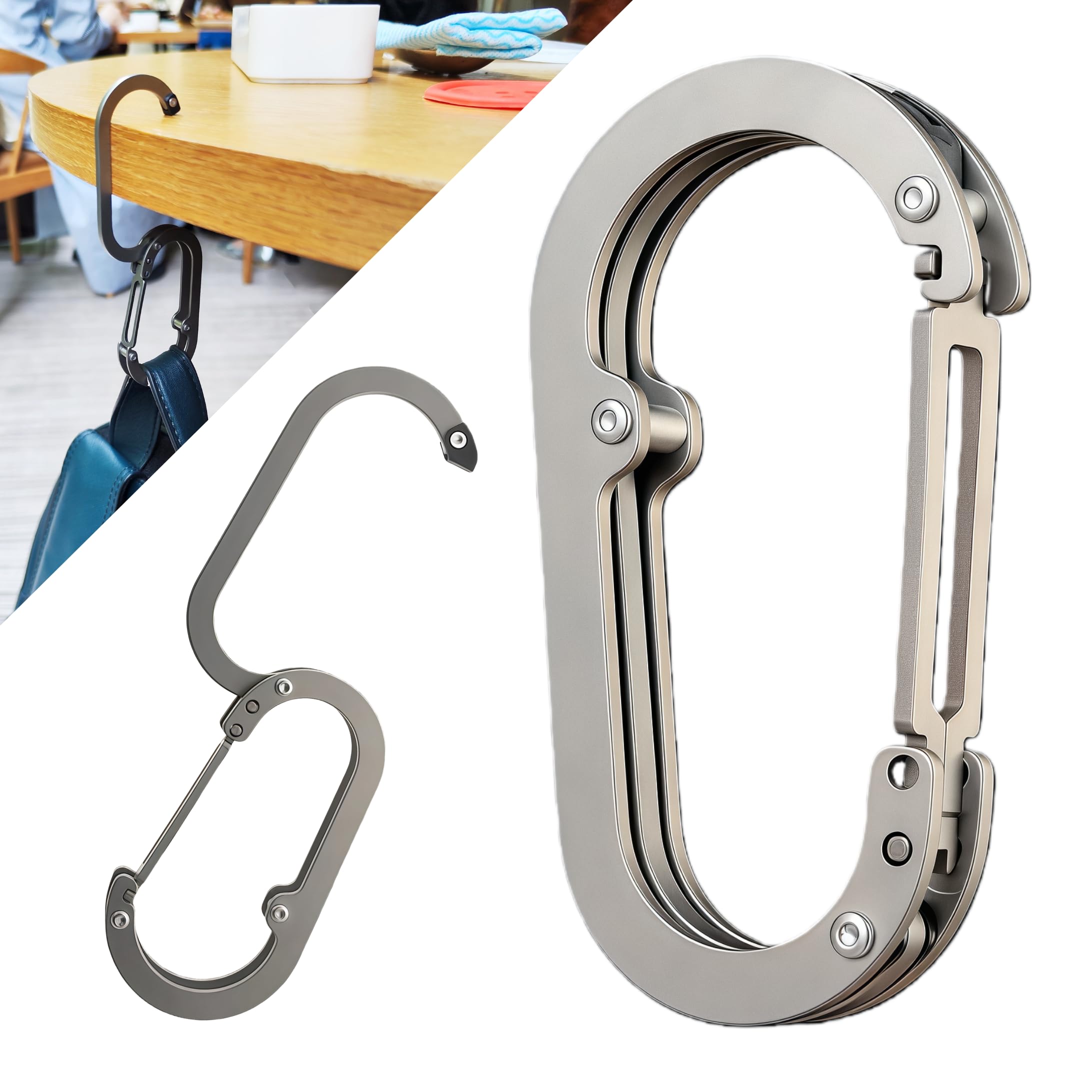 

Titanium Bag Hanger, Carabiner-Style Hook, S-Hook, Keychain TiHook2, Ultra-lightweight 31g, 20kg Load Capacity, Compact, Portable, Convenient Gadget f