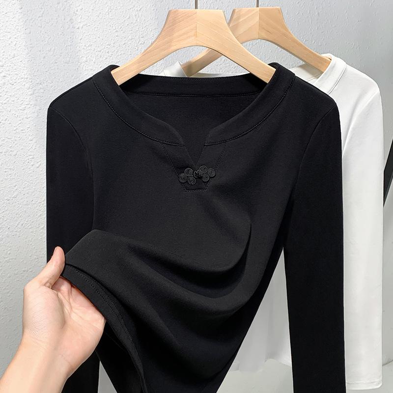 

Белая базовая рубашка с V-образным вырезом для женщин, новая осенне-зимняя, новинка, китайский стиль, складной женский декоративный боди в китайском стиле 3XL чёрный