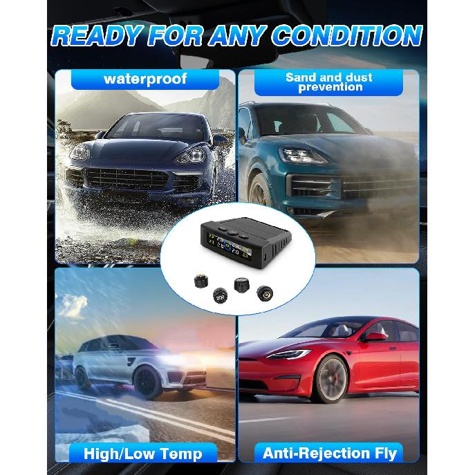 Tire Pressure Monitoring System,RV Tire Pressure Monitor System With Solar Charge Or USB, Tire Monitoring System With 4 Sensors & 6 Alarm Modes