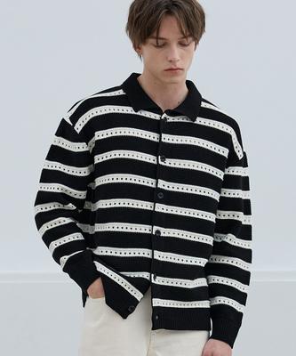 Nodu Scalloped Stripe Collar Knit Cardigan [Black]