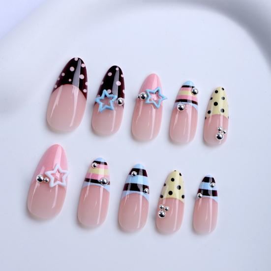 1 Set Press On Nails Salon Quality Almond French Tip Stick-on Fake Nails Removable 3D Charm Women Full Cover Glue On False Nails