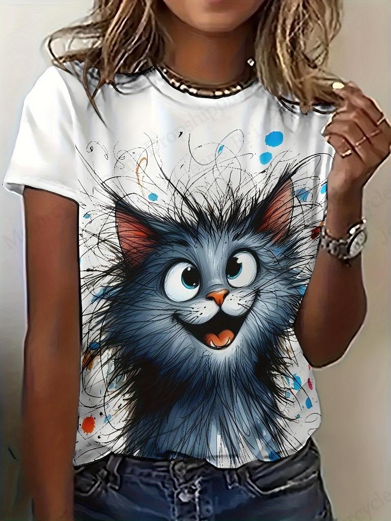 Women's Plus Size 3d Cute Cat 3d Print Tshirt Women Fashion Casual Crew Neck Short Sleeve T Shirt Female Tops Tees Cartoon