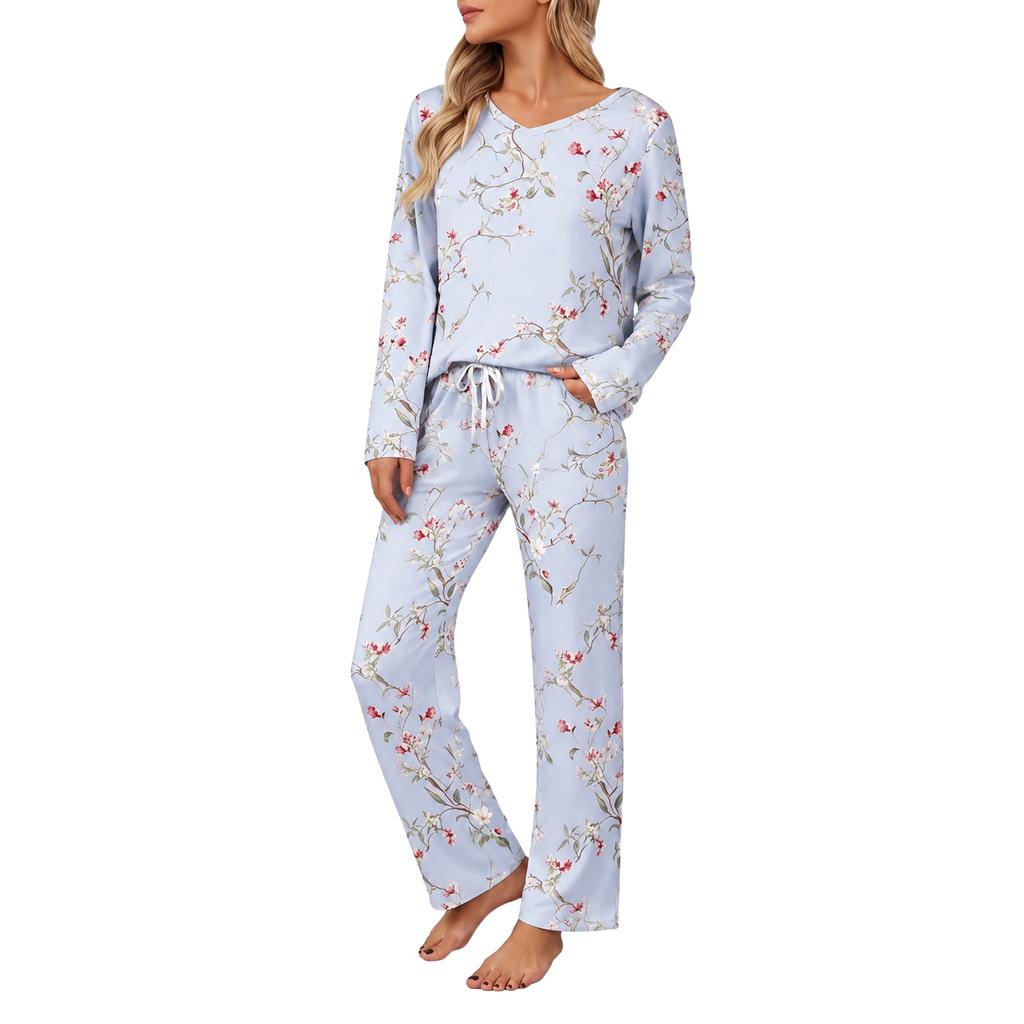Women's V-Neck Pajama Set Long Sleeve Top and Pants Loose Fit Plus Size Two-Piece Loungewear for Spring and Fall