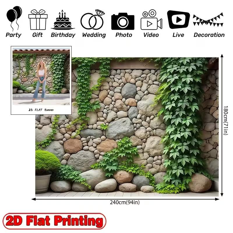 Rustic Cobblestone Wall Tapestry, Green Ivy Vines On Natural Rock Wall Hanging for Patio and Balcony