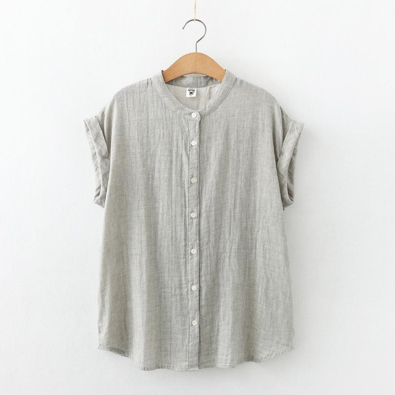 Stand Up Collar Short Sleeved Pure Cotton Double-layer Cotton Soft Glutinous Shirt Sleeveless Flanging Skin Friendly Short Sleeved Shirt
