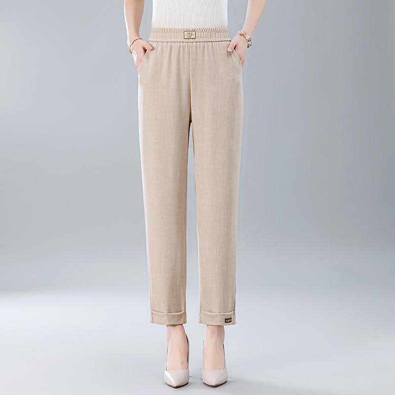 

Брюки для мам среднего возраста. Летние укороченные брюки из хлопка и льна для женщин среднего и пожилого возраста. Прямые повседневные брюки. 5XL