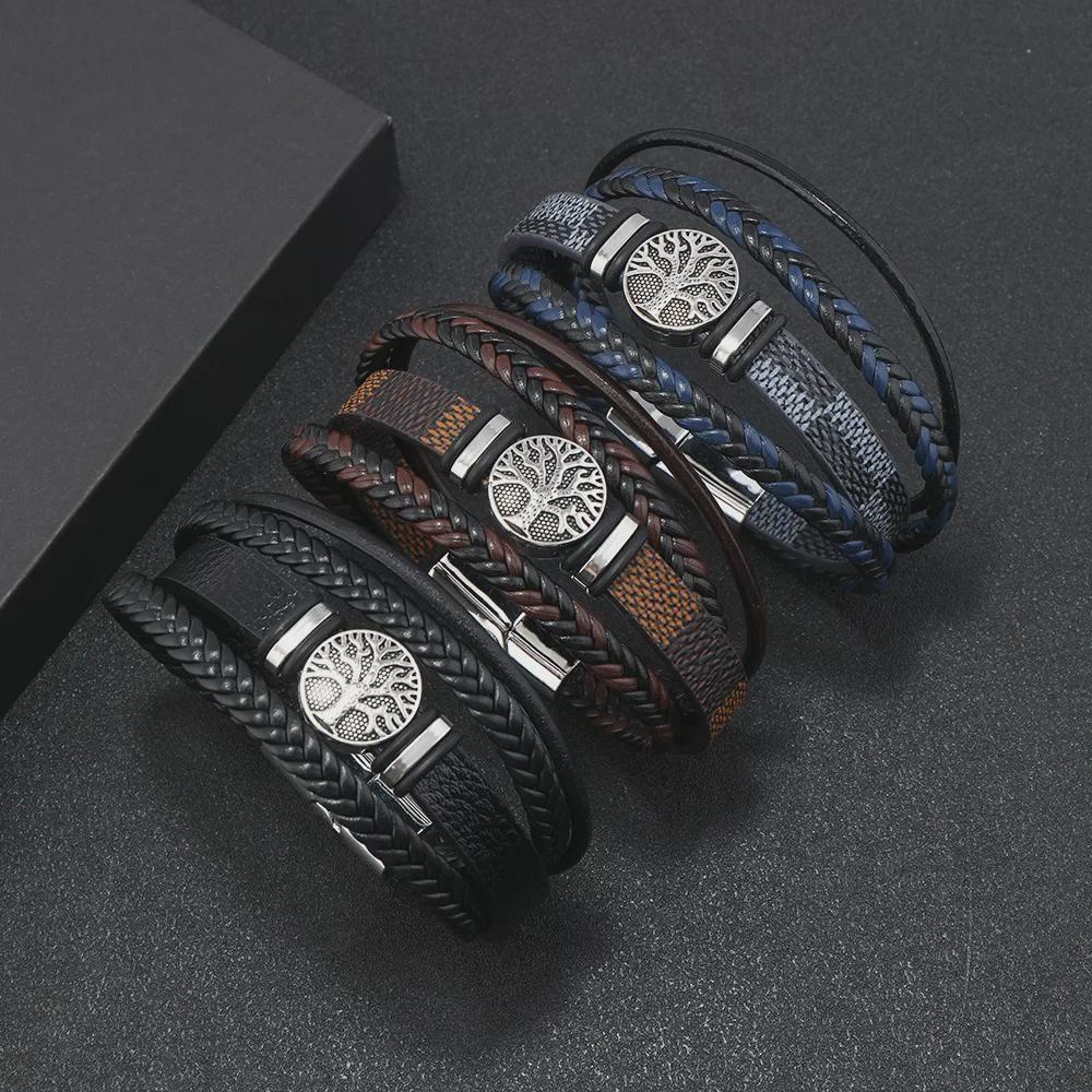Men Punk Style Braided Leather Rope Bracelet Tree of Life Charm Punk Style Multi-layer Wristband Personalized Handmade