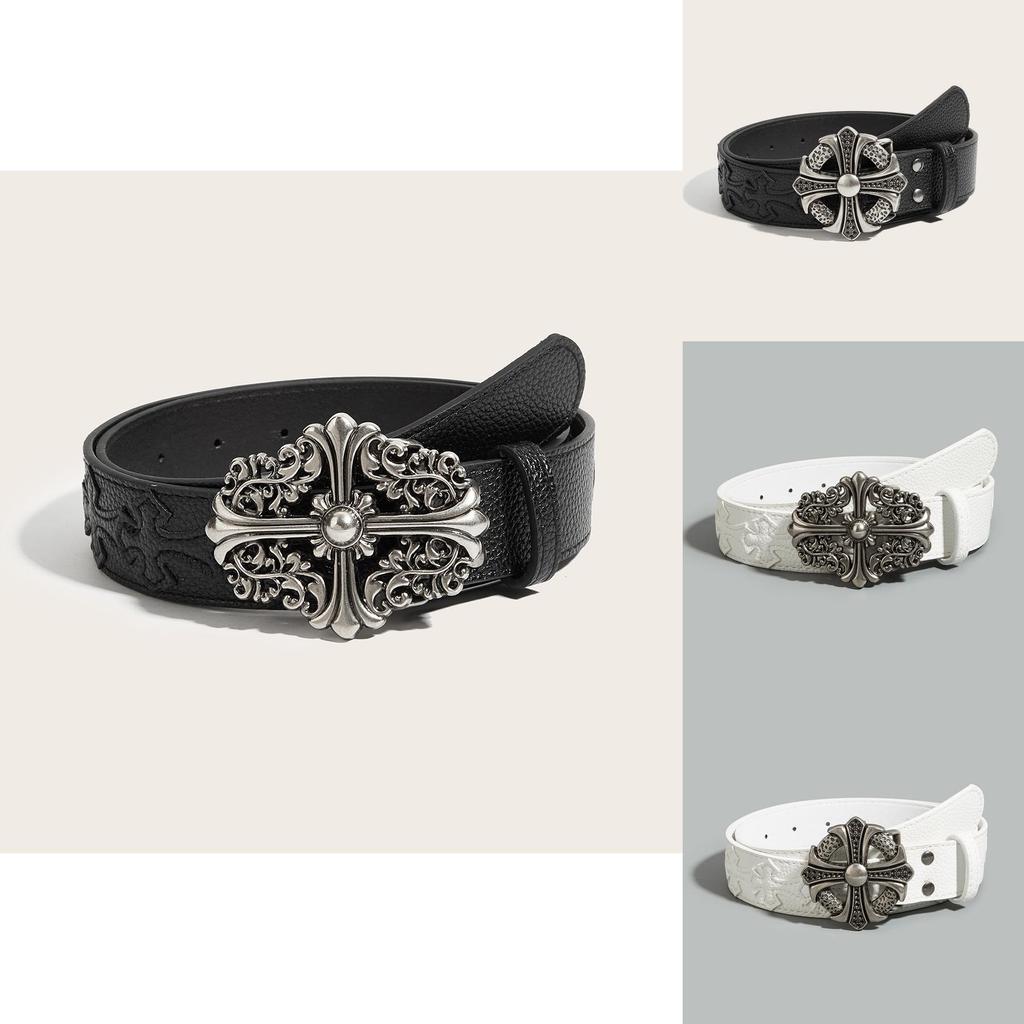 Trendy Punk Cross Flower Pu Leather Belt With Snap Button Closure For Teen Style