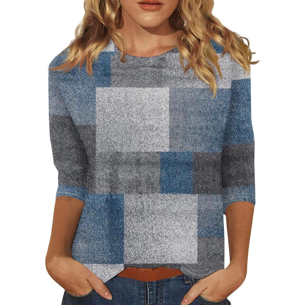 2026 Spring/Summer New Women's Fashion Printed Three-Quarter Sleeve Loose Round Neck Casual T-Shirt Top