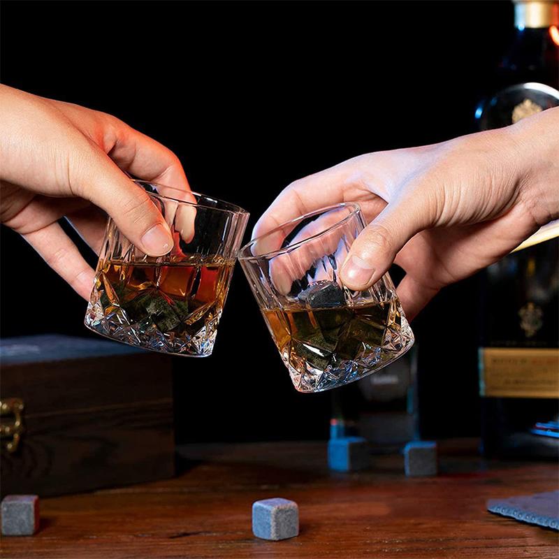 Whiskey Stones And Whiskey Glass Gift Set Of 4, For Men | Father's Day, 6 Granite Whiskey Stones, 2 Whiskey Glasses,1 Wooden Box