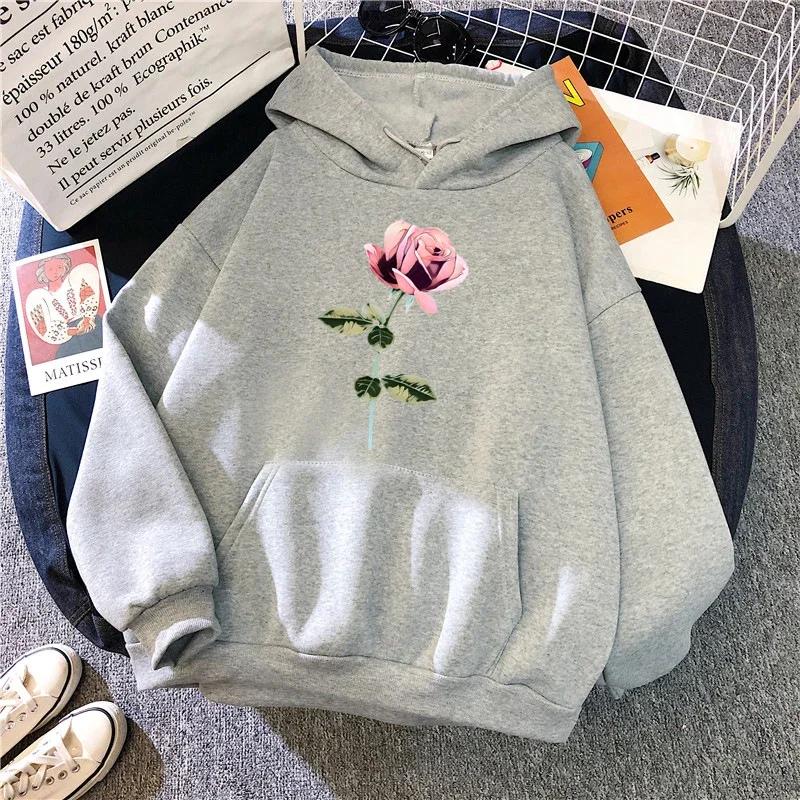 Flower Print Women Sweatshirt Home Outdoor Casual Hoodie Loose Fashion Pullover Top Street Autumn Winter Hot Sale Woman Clothing