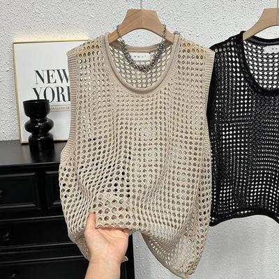 Men's Summer Thin Hollow Knitted Tank Top Loose Sweet Round Neck Stacked Sleeveless T-shirt