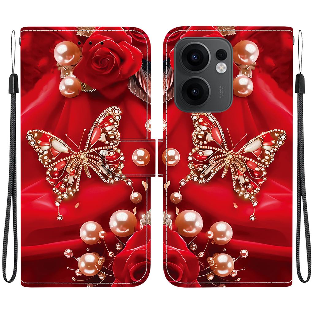 Handmade PU Leather Flip Case for Oppo Reno13 F/Reno13 F 4G Anti-Slip Shockproof Cover with Wrist Strap & Heart/Rose Cat Designs