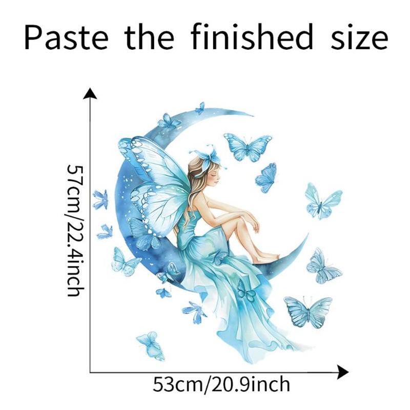 Cute Blue Girls Butterfly Moon Wall Stickers for Kids Decor Bedroom Decoration Living Room Decal