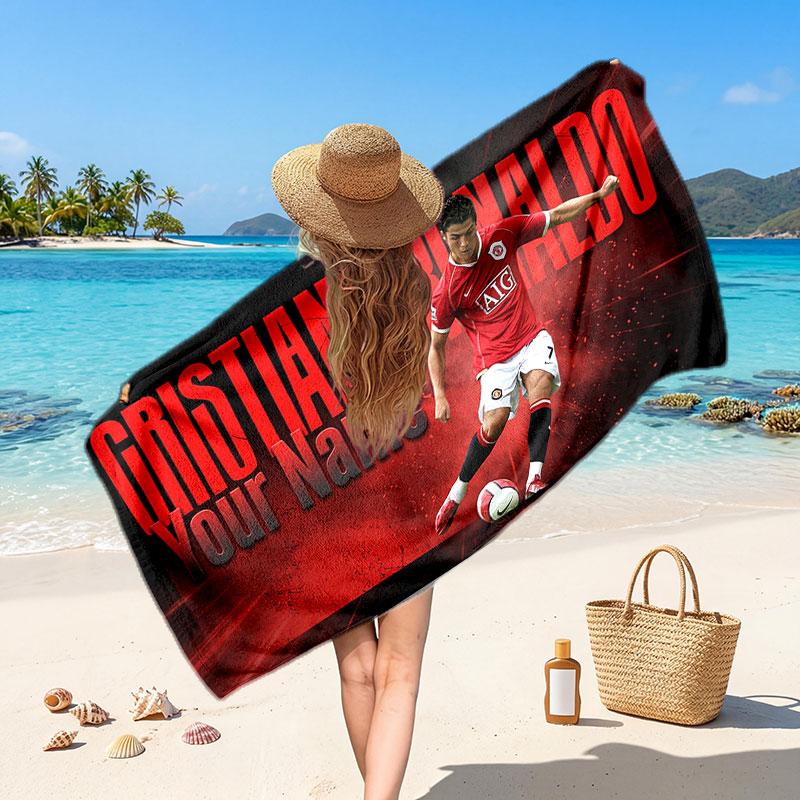 Cristiano Ronaldo Custom Beach Towel, Personalized Name Text Print, Football Logo Soft Quick‑Dry Towel Holiday Gift