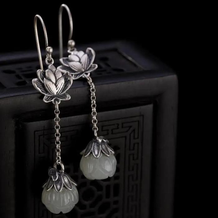 Original Natural Hetian White Jade Lotus Long Earrings Chinese Retro Light Luxury Charm Women's Brand Jewelry
