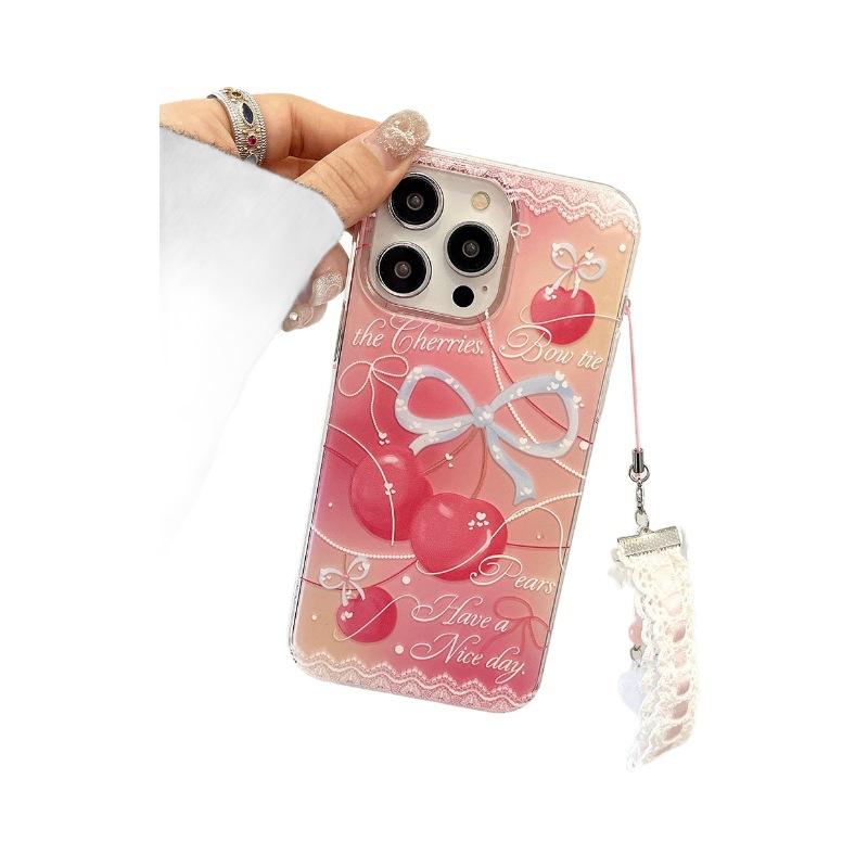 Small and Fresh Suitable for Apple 16PM Bow Mobile Phone Case High-end Iphone15 Cherry Lace Protective Case