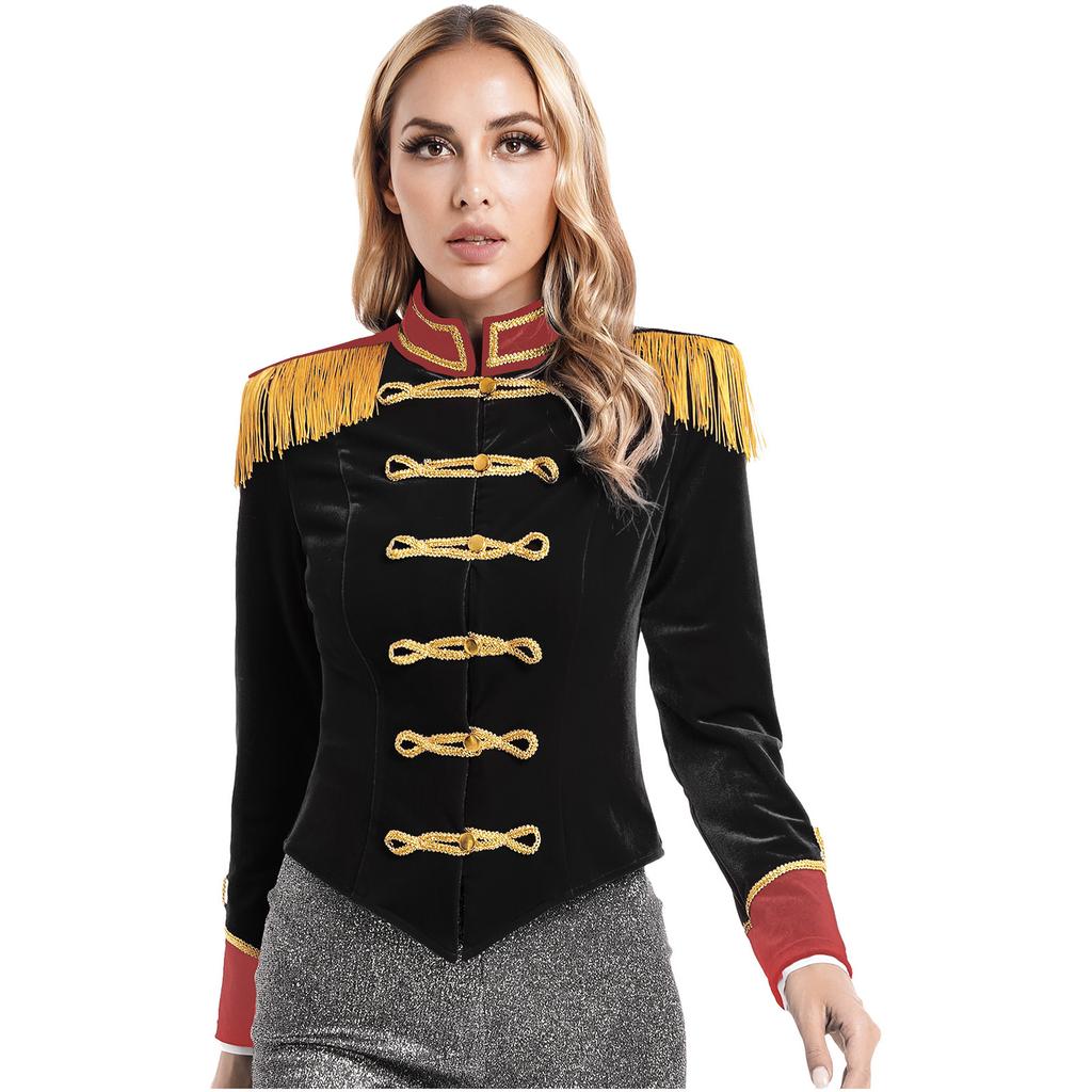 Costume da Domatrice da Circo da Donna Giacca di Velluto con Colletto Alto e Spalline Frangiate Halloween Cosplay Abito da Spettacolo