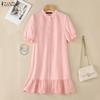 ZANZEA Women Daily Casual Round Neck Lace Crochet Splice Hem Loose Short Sleeve Dress