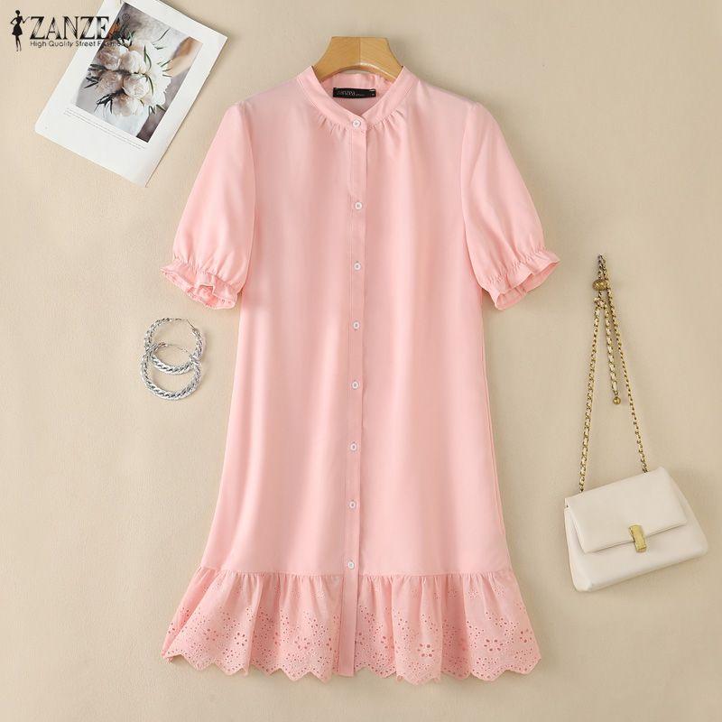 ZANZEA Women Daily Casual Round Neck Lace Crochet Splice Hem Loose Short Sleeve Dress