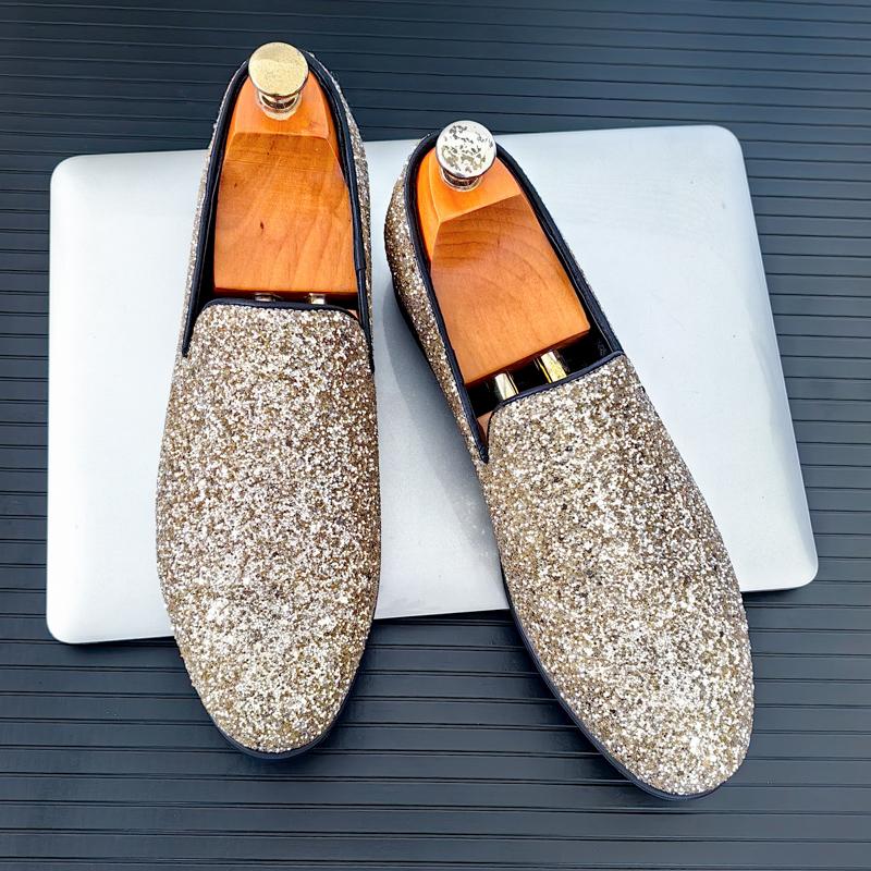 Fashion Luxury New Designer New Men's Gold Silver Glitter Sequin Slip On Casual Shoes Formal Wedding Dress Homecoming Loafers Zapatos