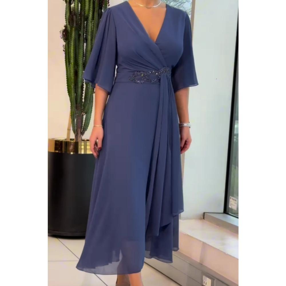 Abito da sera lungo in chiffon da donna con scollo a V incrociato, maniche a sbuffo a metà manica, vita decorata con perline