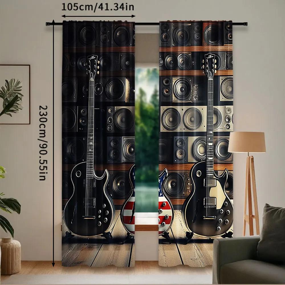 Set Of 2 American Flag Curtain Black Us Bass Guitar Electronic Rock Music Theme Bedroom Living Room Dining For Great Made Polyester