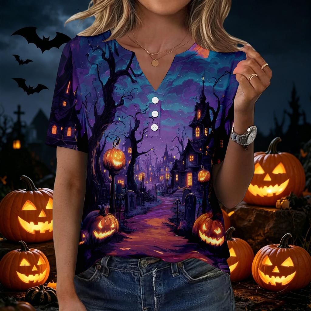 Women's Casual V Neck Short Sleeve Button T Shirt Halloween Spider Web Print Lightweight Top for Everyday Wear and Seasonal Occasions