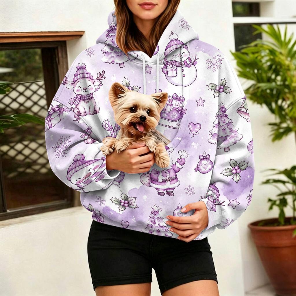 Women's Christmas Print Hoodie with Large Pet Pocket, Casual Long Sleeve Pullover Sweatshirt