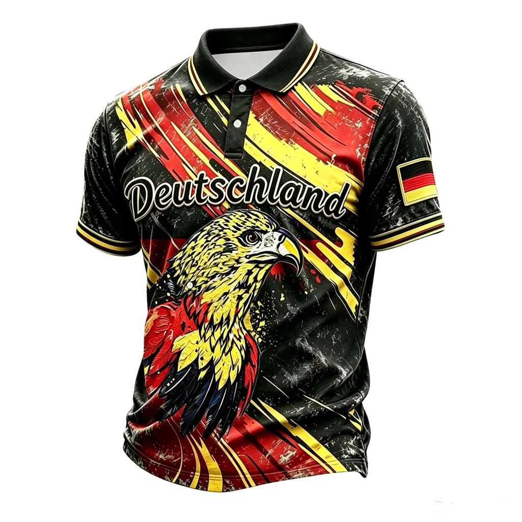 Men's Casual Polo Shirt Short Sleeve Collared Top with Graphic Print and Button Closure Suitable for Everyday Wear and Outdoor Activities