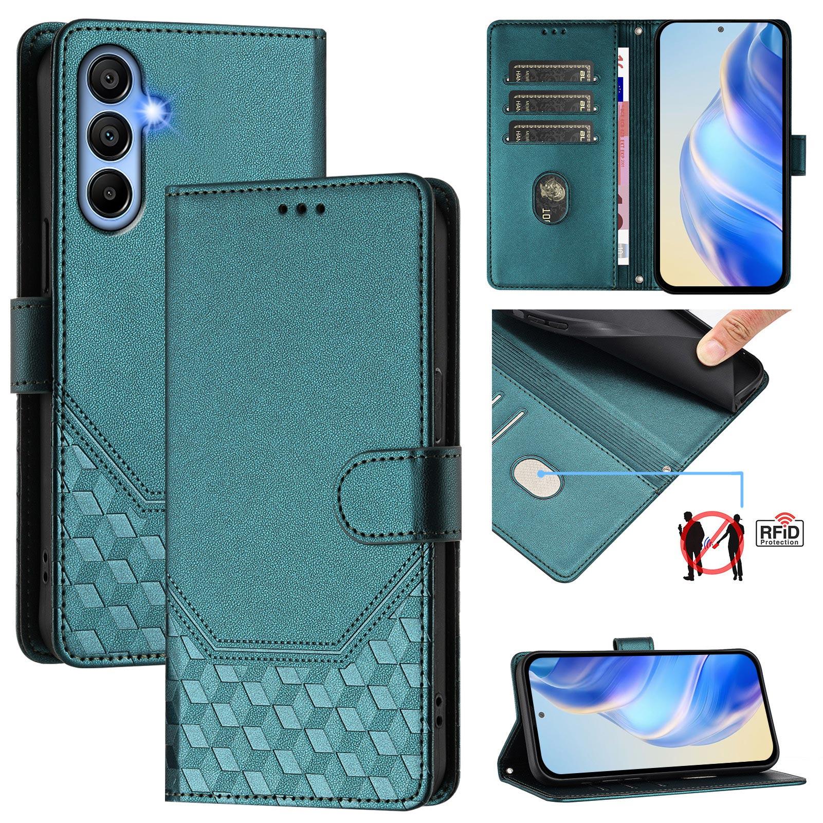 

For Samsung Galaxy A15 5G/Galaxy A15 4G Case Imprinted Honeycomb RFID Blocking Leather Phone Cover with Strap Green