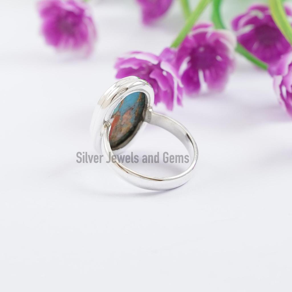 Spiny Oyster Copper Turquoise Ring, Anniversary Ring, Dainty Oval Turquoise Ring, 925 Silver Handmade Ring, Gemstone Ring, Cocktail Ring