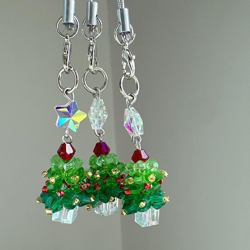 Cute Christmas Mobile Phone Straps Bead Christmas Tree Keychain Lanyard Bag Pendant Decoration Year Gift