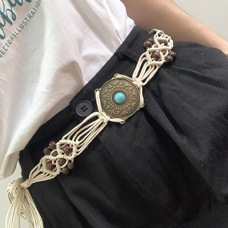 Women Shirt Waist Belt Vintage Bohemian Adjustable Braided Waist Belt with Tassels Women Dress Shirt Wide Waist Belt