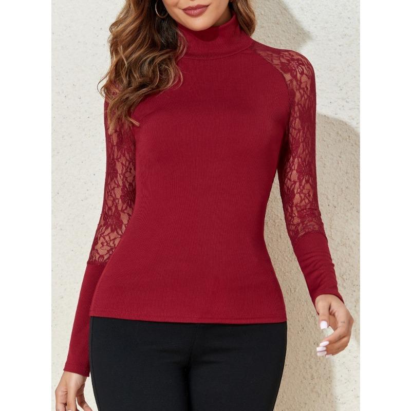 Autumn Winter High Collar Lace Patchwork Sexy Bottomed T-shirt Women Long Sleeve Solid Color Pullover Tee Top